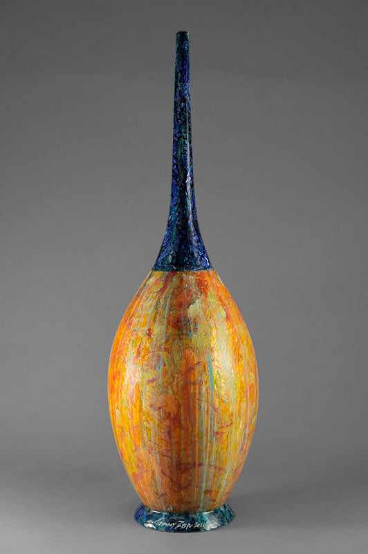 Flûte néoclassique ovoïdale Orangé rouge jaune col bleu